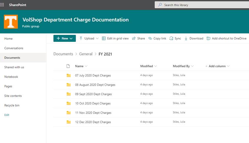 VolShop Department Charge on SharePoint