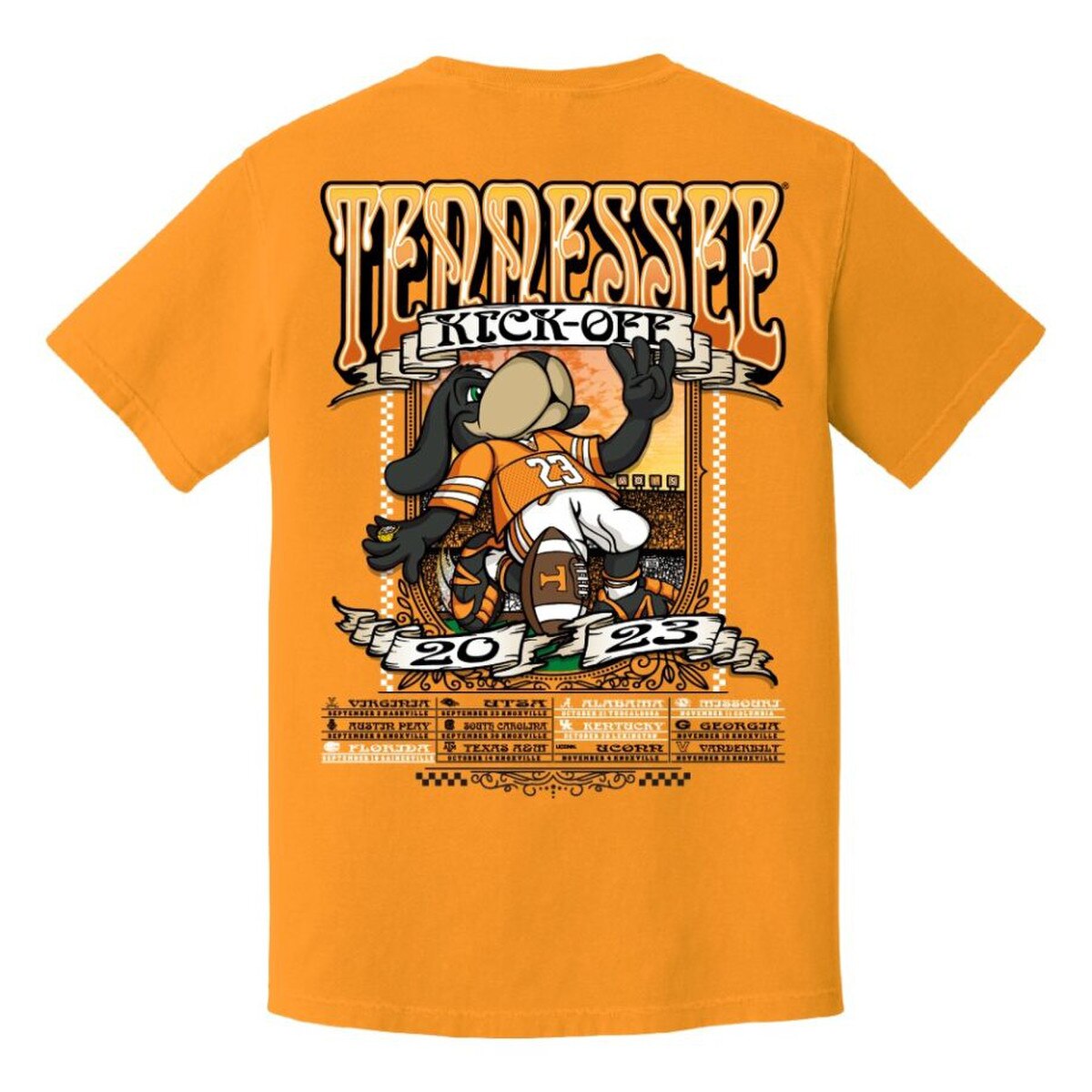 The back of the Smokey schedule tee