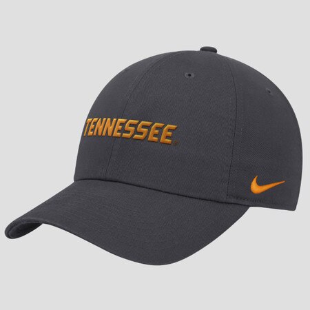 Grey Nike hat with orange wordmark.