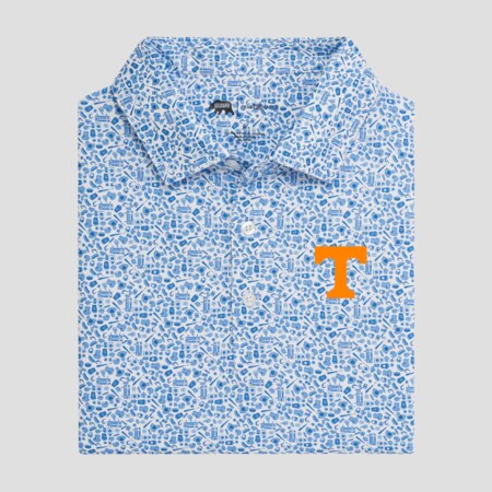 Blue printed polo with baseball elements and a Power T.